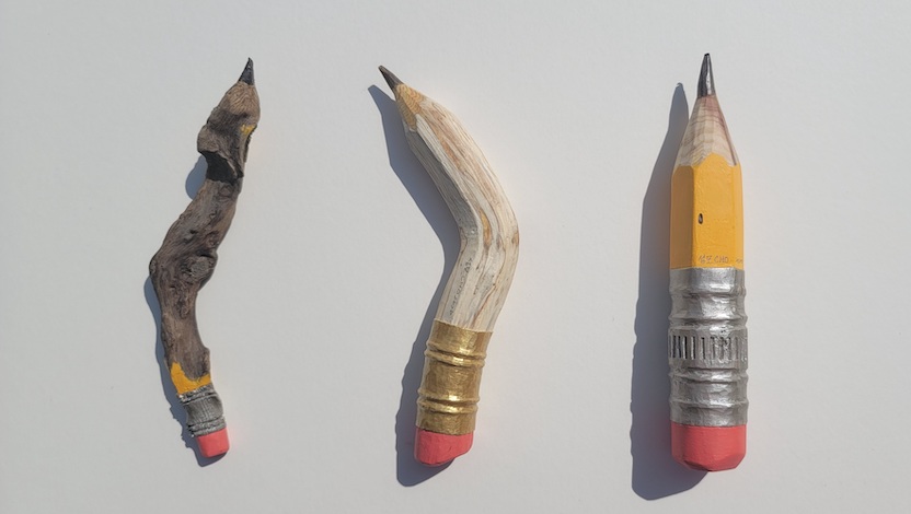 From the left, The Last Pencil on Earth - A Rotten Pencil,  Wood, 6 1/4”(L) X 1”(W), 2019. A Curved Pencil,  Wood, 6 1/4(L) X 1”(W), 2020. A Direct Pencil,  Wood, 6 1/4” X 1 1/8”, 2020
