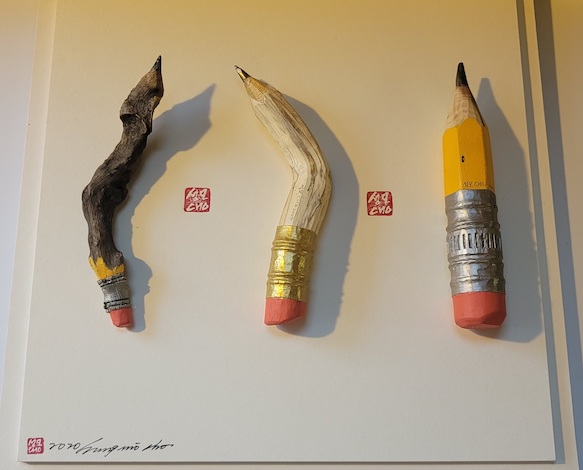 From the left, The Last Pencil on Earth - a rotten pencil, Wood, 6 1:4”(L) X 1”(W), 2019 / a curved pencil, Wood, 6 1:4(L) X 1”(W), 2020 / a direct pencil, Wood, 6 1:4” X 1 1:8” 2020