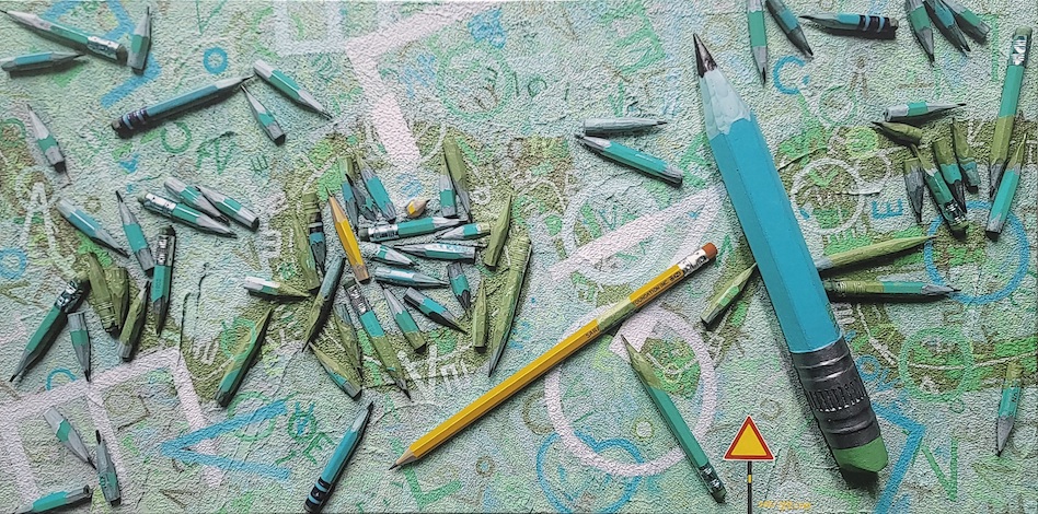 The Last Pencil on Earth, Acrylic on Giclee Printed Canvas, 60 X30″, 2022.