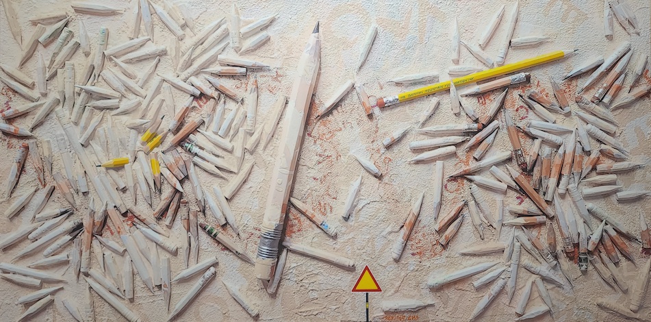 The Last Pencil on Earth, Acrylic on Giclee Printed Canvas, 40 X 20″, 2022.