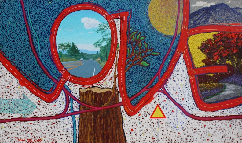 Along the Road - LOVE Road, Acrylic, Oil & Mixed Media on Canvas, 76 1/2” x 45 1/2”, 2014