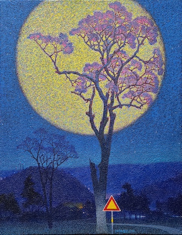 Along the LOVE Road with Full Moon over Schunemunk Mt. / Acrylic on Canvas / 11 X 14 / 2020